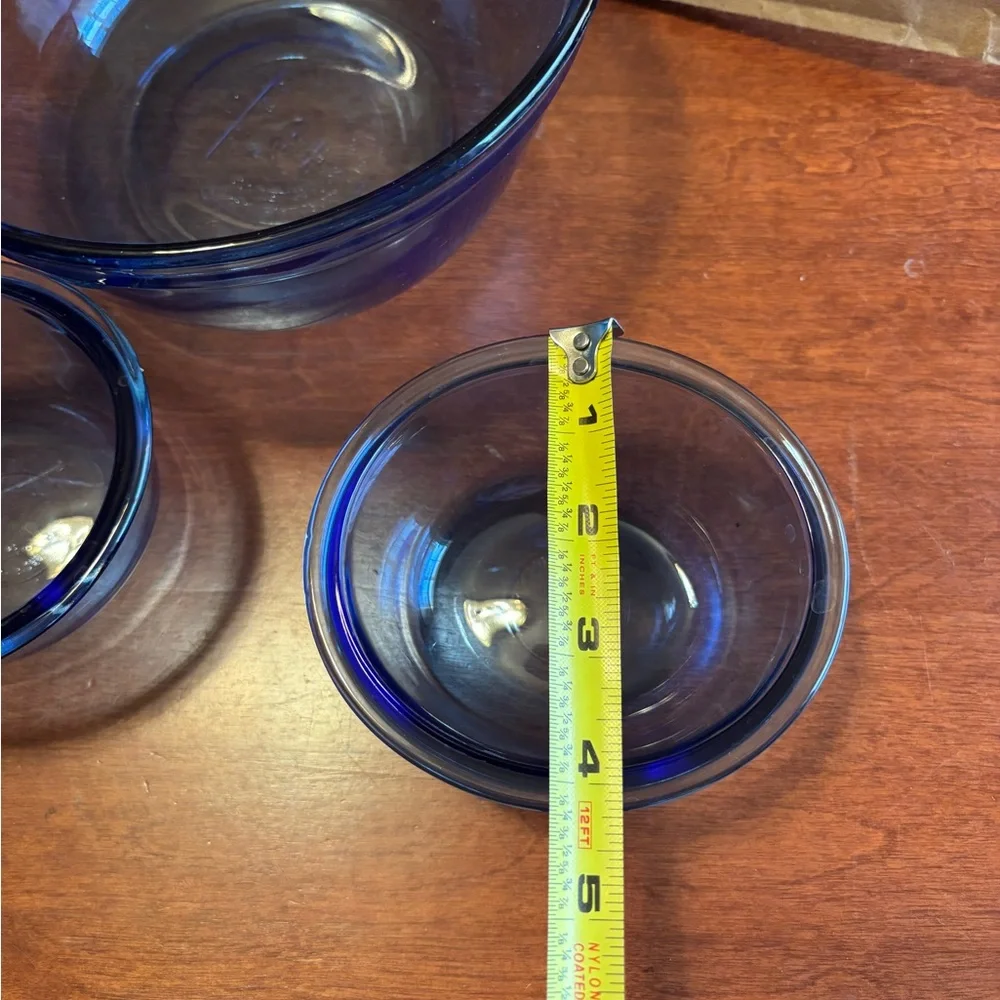 Anchor Hocking Set of Blue Glass Mixing Bowl and 2 prep bowls.